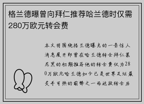 格兰德曝曾向拜仁推荐哈兰德时仅需280万欧元转会费