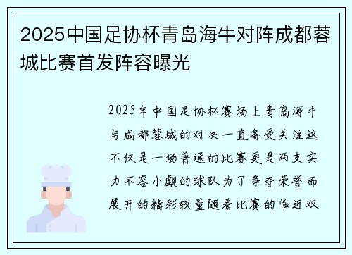 2025中国足协杯青岛海牛对阵成都蓉城比赛首发阵容曝光