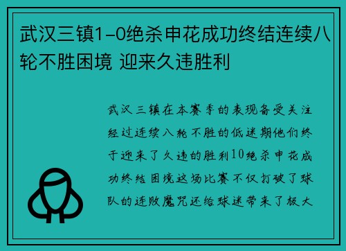 武汉三镇1-0绝杀申花成功终结连续八轮不胜困境 迎来久违胜利