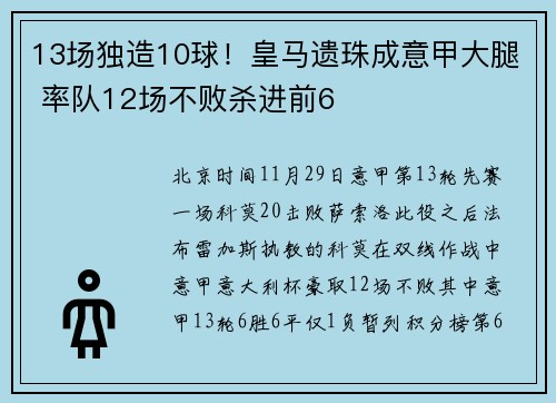 13场独造10球！皇马遗珠成意甲大腿 率队12场不败杀进前6